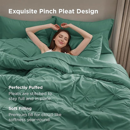 Bedsure Full Size Comforter Sets - Bedding Sets Full 7 Pieces, Pintuck Bed in a Bag Graysih Green Bed Set with Comforter, Sheets, Pillowcases & Shams
