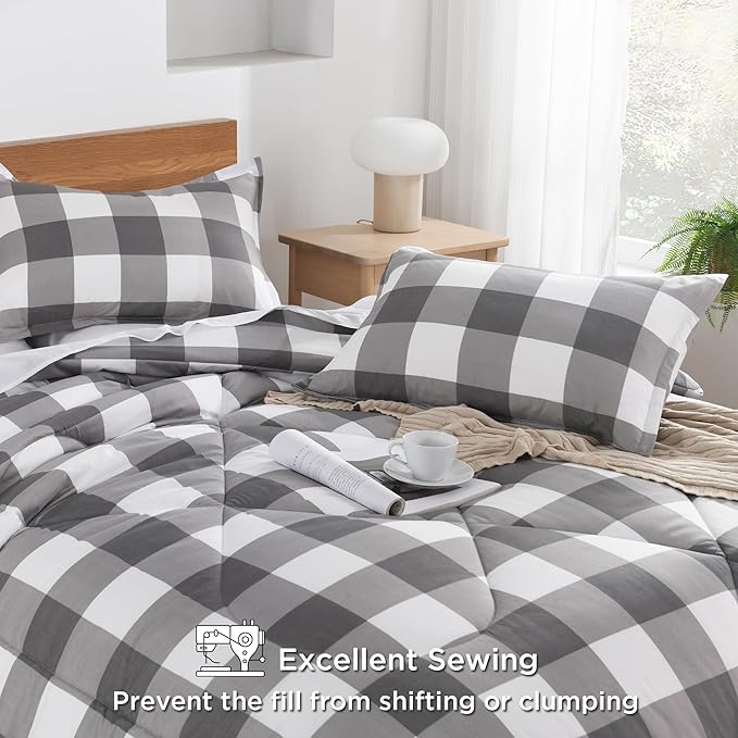 Andency Plaid Comforter Full(79x90Inch), Gray White Checkered Gingham Buffalo Bed Set for Boys Teens, Lightweight Bedding, 3 Pieces(1 Comforter & 2 Pillowcases)