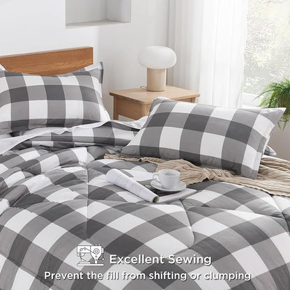 Andency Plaid Comforter Twin(66x90Inch), Gray White Checkered Gingham Buffalo Bed Set for Boys Teens, Lightweight Bedding, 2 Pieces(1 Comforter & 1 Pillowcase)