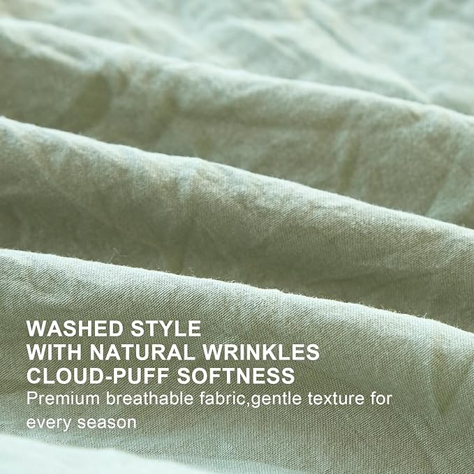 Sage Green Ruffle Comforter Set King, Pre-Washed Shabby Chic Bedding Set, Lightweight Cottagecore Soft Romantic Cozy 1 Comforter & 2 Shams, All-Season