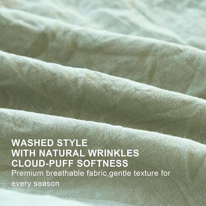 Sage Green Ruffle Comforter Set Queen, Pre-Washed Shabby Chic Bedding Set, Lightweight Cottagecore Soft Romantic Cozy 1 Comforter & 2 Shams, All-Season