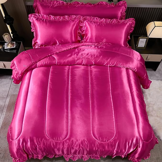 Hot Pink Queen Comforter Set Silk Like Satin Bedding Set 4 Pcs Hotel Soft Polyester Satin Bed Set Luxury Silky Body Pillow Cover Ruffle Down Comforter Home Decor