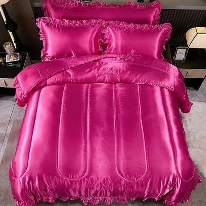 Hot Pink Queen Comforter Set Silk Like Satin Bedding Set 4 Pcs Hotel Soft Polyester Satin Bed Set Luxury Silky Body Pillow Cover Ruffle Down Comforter Home Decor