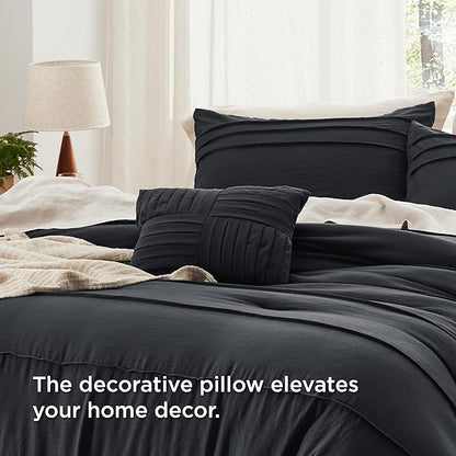 Bedsure Queen Comforter Set - 4 Pieces Pinch Pleat Bed Set, Black Boho Bedding for All Season, 1 Soft Comforter, 2 Pillowcases, 1 Decorative Pillow