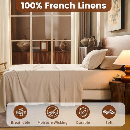 100% Linen Sheets California King Size,Breathable & Durable 4-Piece Bed Flax Sheet Set,Soft All-Season Bedding for Hot Sleepers 16" Deep Pocket Oeko-TEX Certified,（Cal King, Linen）