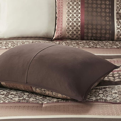 Madison Park Princeton Cozy Comforter Set - Luxurious Jaquard Traditional Damask Design, All Season Down Alternative Bedding with Matching Shams, Decorative Pillow, King(104"x92"), Red 7 Piece