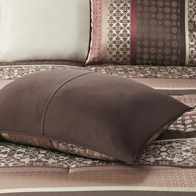 Madison Park Princeton Cozy Comforter Set - Luxurious Jaquard Traditional Damask Design, All Season Down Alternative Bedding with Matching Shams, Decorative Pillow, Queen(90"x90"), Red 7 Piece