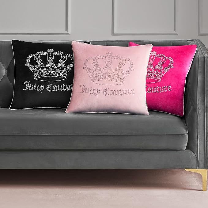 Juicy Couture Square 1-Piece Living Room and Bedroom Décor, Premium Throw Pillow, 20"x20", Black Rhinestone Crown
