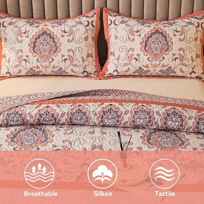 Bohemian Queen Size Quilt Comforter Sets 3 Pieces Quilts (1 Quilt, 2 Pillow Shams) Nordic Bedding Set Printed Coverlet with Pillowcase Lightweight Bedspread Set for All Seasons(Pink)