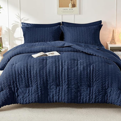 HYMOKEGE Navy Blue Oversized Queen Comforter Set Seersucker 7 Pieces, All Season Luxury Bed in a Bag for Bedroom, Bedding Set with Comforter, Sheets, Pillowcases & Shams