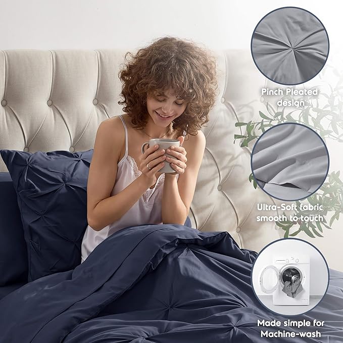 Nestl Twin XL Comforter Set 5 Piece - Pintuck Twin XL Bedding Set Navy, College Dorm Room Essentials Bed in a Bag, Twin XL Comforter Set for College Girls and Boys with Sheets, Pillowcase and Sham