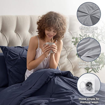 Nestl Twin XL Comforter Set 5 Piece - Pintuck Twin XL Bedding Set Navy, College Dorm Room Essentials Bed in a Bag, Twin XL Comforter Set for College Girls and Boys with Sheets, Pillowcase and Sham
