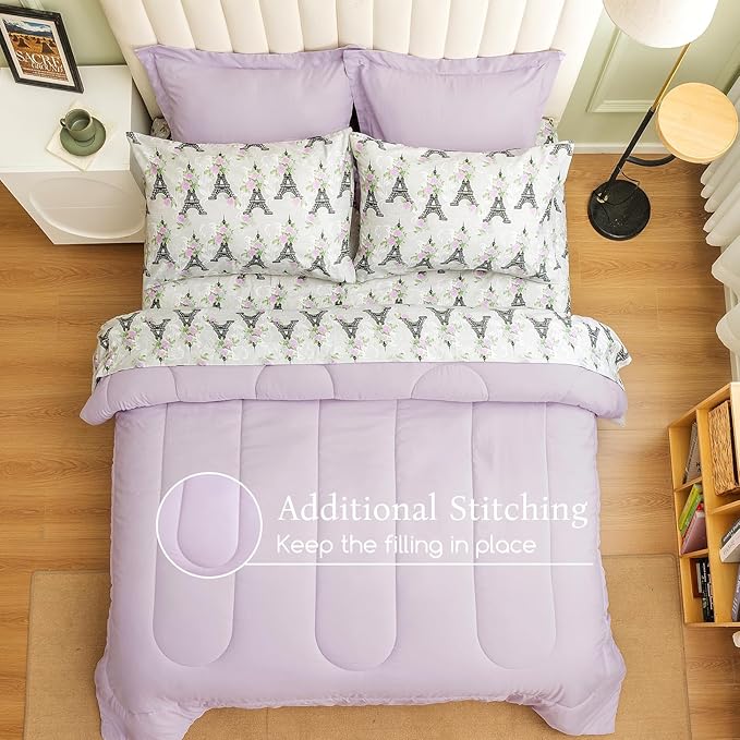 ARTALL King Bed in a Bag 7 Pieces, Light Purple Solid Comforter with Eiffel Tower Floral Sheet Set, French Chic Style Soft Bedding Sets with Comforter, Sheets, Pillowcases & Shams for All Seasons
