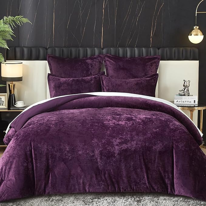 Ivellow Crushed Velvet Comforter Set King Purple Comforter Set 5pcs Ultra Soft Lightweight Breathable Bedding Set Luxury Cozy Flannel Comforter King Size (1 Comforter,2 Pillow Shams, 2 Euro Shams