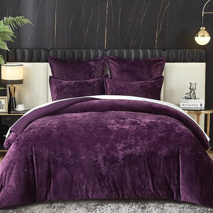 Ivellow Crushed Velvet Comforter Set Queen Purple Comforter Set 5pcs Ultra Soft Lightweight Breathable Bedding Set Luxury Cozy Flannel Comforter Queen Size (1 Comforter,2 Pillow Shams, 2 Euro Shams