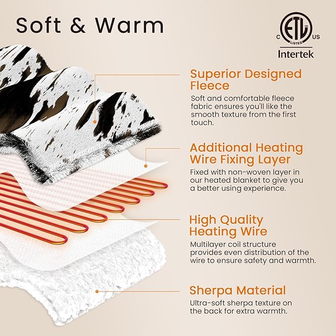 Cow Print Heated Throw Blanket Electric Blanket-Heating Blanket Throw with 10 Heat Levels & 10 Hours Auto-Off, Cozy Soft Fleece Sherpa, Washable, 50 x 60 Inches Cow Print Grey