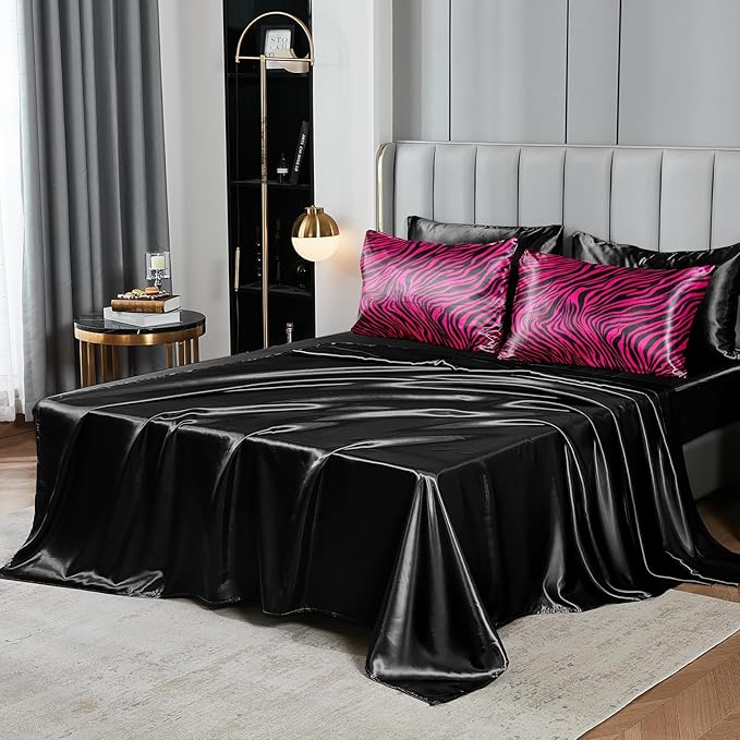Zebra Print Bedding Set Hot Pink Satin Comforter with Sheets Zebra Stripe Animal Print Africa Wildlife Theme Silk Like Silky Bed in A Bag Black Pink Comforter Sets