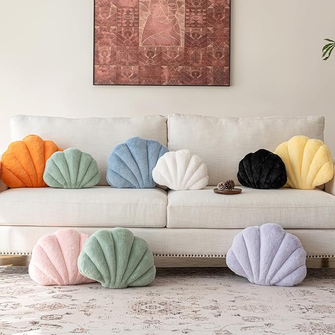 Shell Pillow, Seashell Throw Pillow with Soft Rabbit Plush for Couch Bed, Shell Shaped Decorative Ocean Pillow Stylish Beach Cushion Room Aesthetic Home Decor