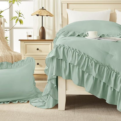 Andency Sage Green California King Comforter Set, 3 Pieces Farmhouse Shabby Chic Bedding Comforter Sets, Lightweight Fluffy Soft Microfiber All Season Bed Set(104x96In Comforter)
