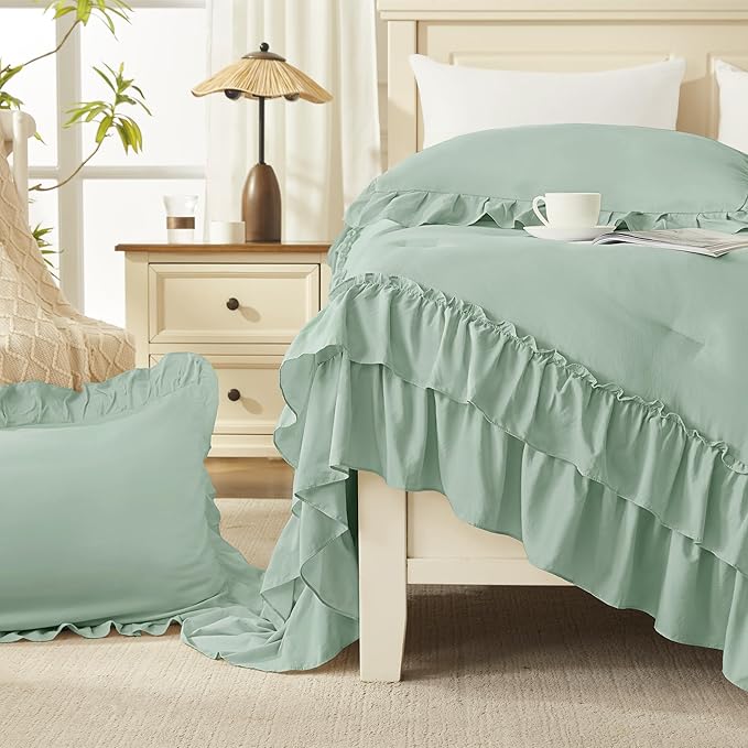 Andency Sage Green King Comforter Set, 3 Pieces Farmhouse Shabby Chic Ruffle Solid Comforter Sets, Lightweight Fluffy Soft Microfiber All Season Bed Set(104x90Inch)