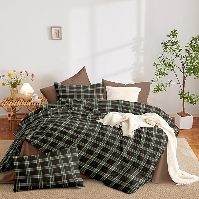Nayoroom Plaid Comforter Set Queen Size Vintage Green Brown Gingham Checkered Tartan Comforter 3 Pieces Soft Lightweight Farmhouse Dorm Bedding Set for All Seasons