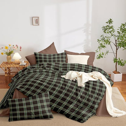 Nayoroom Plaid Comforter Set Queen Size Vintage Green Brown Gingham Checkered Tartan Comforter 3 Pieces Soft Lightweight Farmhouse Dorm Bedding Set for All Seasons