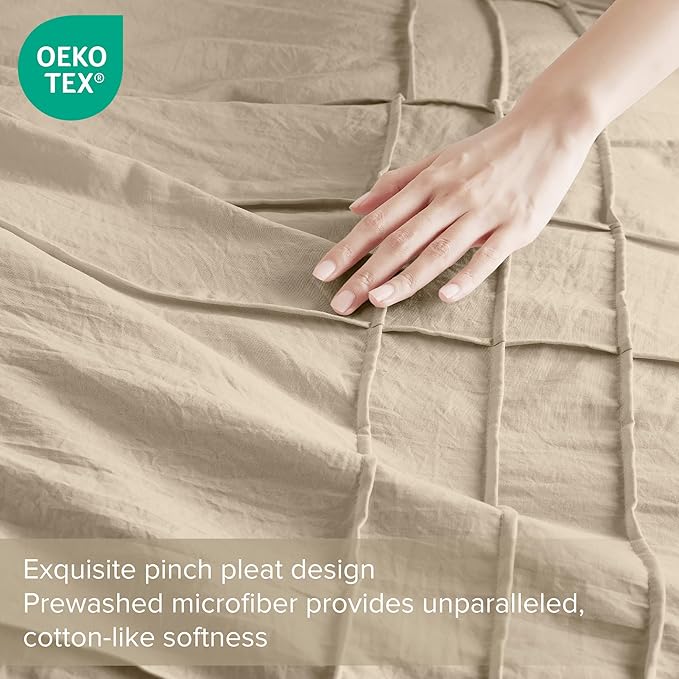 Comfort Spaces Khaki Queen Size Comforter Set - 3 Pieces Pintuck Pleated Bedding Sets, All Season Lightweight, Extra Softness Pre-Washed Microfiber Queen Bed Set, Shams, Queen