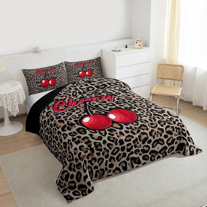 Erosebridal Cherry Leopard Comforter King Size for Kids Teens Adults,African Cheetah Print Bedding Set,Oil Painting Cherry Duvet Insert,Farmhouse Quilt Bedroom Decor