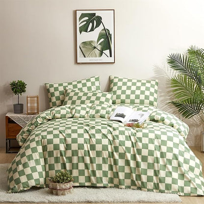 Houseri Sage Green and White Comforter Set King Plaid Light Green Beige Grid Bedding Checkerboard King Size Comforter Sets Women Men Grass Green Buffalo Plaid Comforters King Gingham Bedding Sets King