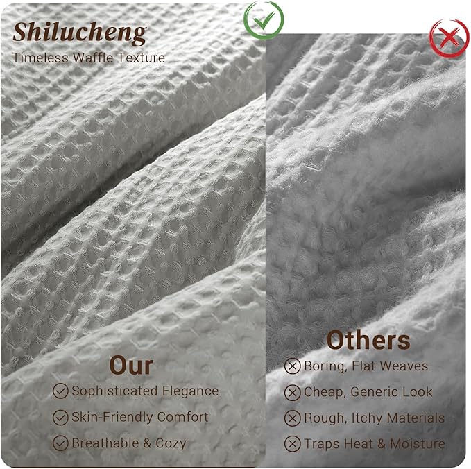 Shilucheng Waffle Cotton King Size Comforter Set - 3 Piece Bedding Set with Comforter and 2 Pillow Shams, Soft & Breathable All-Season Waffle Weave Comforter, Machine Washable, Grey