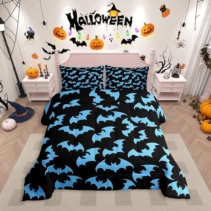 Erosebridal Blue Bat Twin Bedding Sets Halloween Bat Comforter Set Spooky Goth Gothic Animal Quilt Duvet Set Horror Halloween Bedding Collections for Kids Teens Adults
