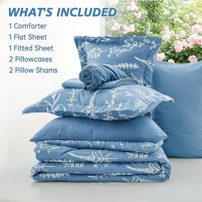 MUXHOMO Ice Blue Bed in a Bag King 7 Pieces, King Comforter Set Reversible Botanical Flowers Design, Ultra Soft & Breathable Bedding Sets with Comforter, Sheets, Pillowcases & Shams