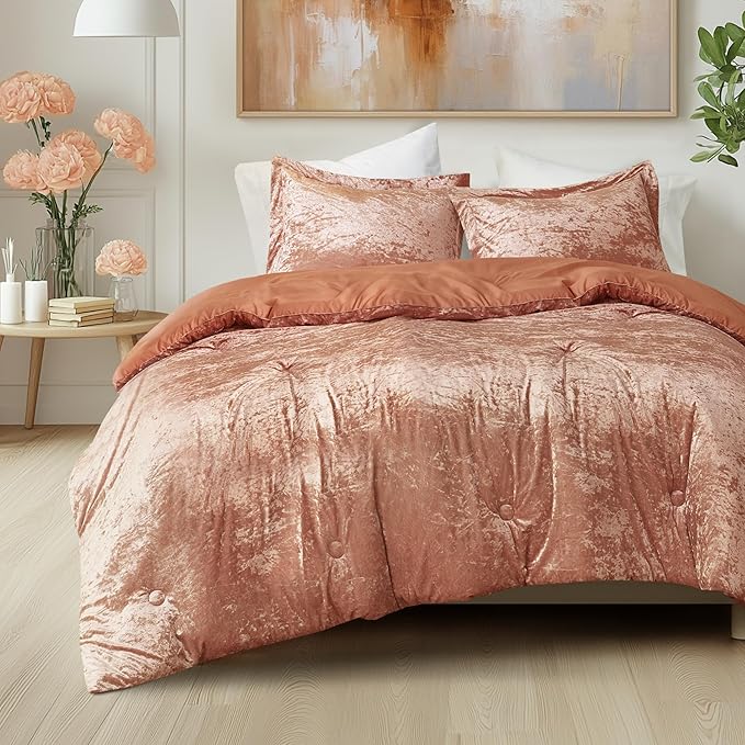 Comfort Spaces Luxe Velvet Comforter Set - King Size, Microfiber Reverse, Juliette, All Season, Fluffy Bed Set, Sham, Burnt Orange 3 Piece