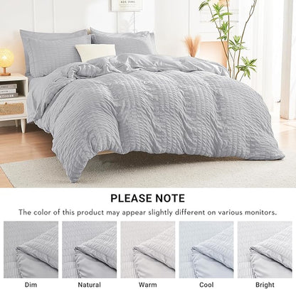 HYMOKEGE Light Grey Full Size Comforter Sets Seersucker 7 Pieces, All Season Luxury Bed in a Bag for Bedroom, Bedding Set with Comforters, Sheets, Pillowcases & Shams