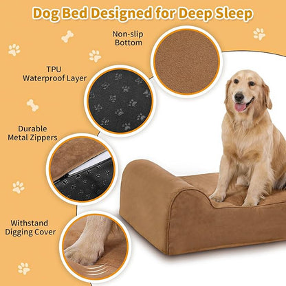 Orthopedic Dog Beds for Large Dogs, 7" Memory Foam Dog Beds with Waterproof Liner, Durable Microsuede Cover, Removable and Washable, Nonskid Bottom, 48"x30"x7" L Khaki