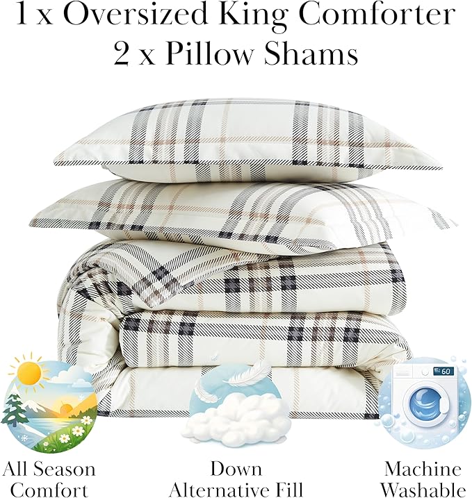 Southshore Fine Living, Inc. 3-Piece California King Size Comforter Set with 2 Pillow Shams, Cozy Double Brushed Microfiber, Down Alternative Comforter, King/California Size, Tofu Cream Plaid
