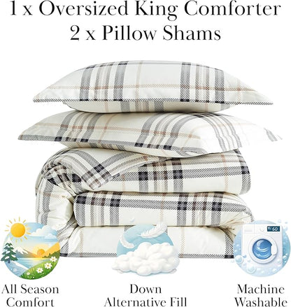 Southshore Fine Living, Inc. 3-Piece California King Size Comforter Set with 2 Pillow Shams, Cozy Double Brushed Microfiber, Down Alternative Comforter, King/California Size, Tofu Cream Plaid