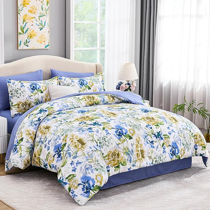 Luxudecor Floral Comforter Set King Size 7 Pieces Bed in a Bag, Blue Flower Watercolor Bed Set, Soft Comforter with Sheet Set 104"x90"