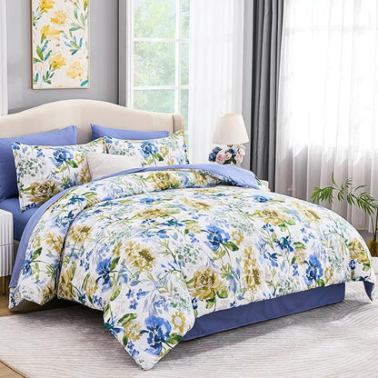 Luxudecor Floral Comforter Set King Size 7 Pieces Bed in a Bag, Blue Flower Watercolor Bed Set, Soft Comforter with Sheet Set 104"x90"