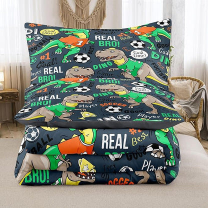 MWMWMW Dinosaur Bedding Sets Twin, 2-Piece Cartoon Dinosaur and Soccer Print Comforter Set for Boys Kids, Twin Size Soft Microfiber Bedding Sets for Boys Kids with 1 Pillowcase and 1 Comforter