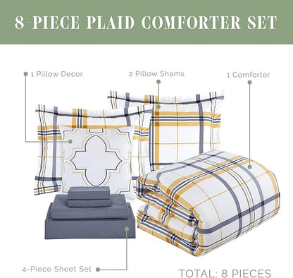 Elegant Comfort 8-Piece Lodge Plaid Reversible Comforter Set - All Season Bed in a Bag, 4-Piece Sheet Set Featuring Smart Pockets, Matching Shams and Decorative Pillow, Twin/Twin XL, Gold