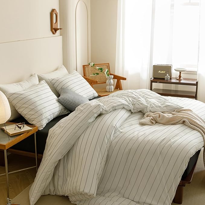 CLOTHKNOW Striped California King Comforter Set 3Pcs White Black Bedding Comforter Sets Farmhouse Comforter Black Stripes Comforter