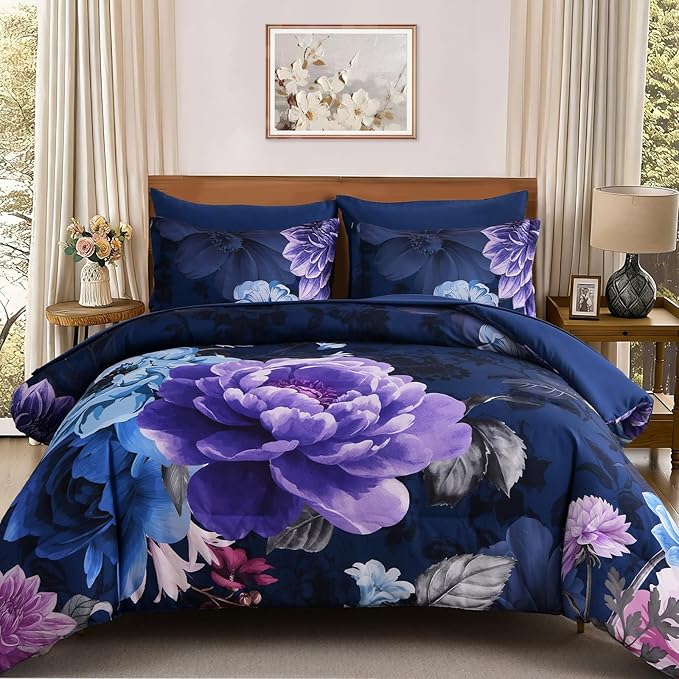 WONGS BEDDING Floral Comforter Set Queen Size, 7 Pieces Purple Bed in a Bag Comforter Bedding Set, Soft Microfiber for All Season with Pillowcases & Shams,Sheets(90"×90")