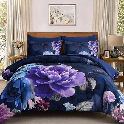 WONGS BEDDING Floral Comforter Set King Size, 7 Pieces Purple Bed in a Bag Comforter Bedding Set, Soft Microfiber for All Season with Pillowcases & Shams,Sheets(90"×104")