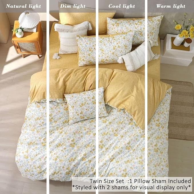 Natural Cotton 2pcs Floral Comforter Sets Twin Size-Yellow Comforter with Pink & Yellow Flowers and Blue & Green Leaves on White, Reversible Lightweight Bedding Sets(Twin 68"×90")