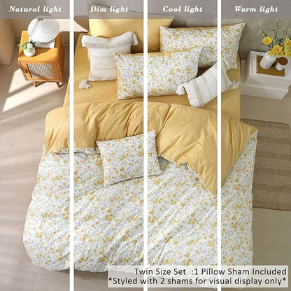 Natural Cotton 2pcs Floral Comforter Sets Twin Size-Yellow Comforter with Pink & Yellow Flowers and Blue & Green Leaves on White, Reversible Lightweight Bedding Sets(Twin 68"×90")