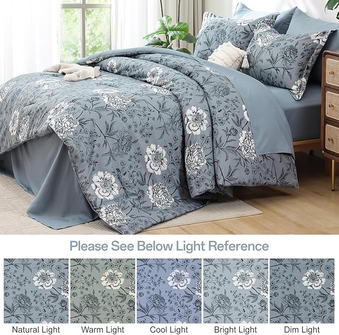 Yiran King Size Comforter Set 7 Piece Bed in a Bag Blue Floral Botanical Soft Microfiber Bedding Set Comforter for All Season Bed Set 104"×90"