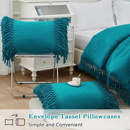 Andency Turquoise Full Size Comforter Set, 3 Pieces Boho Tassel Lightweight Soft Bedding Comforter Sets, All Season Fluffy Fringe Bed Set (79x90In Comforter & 2 Pillowcases)