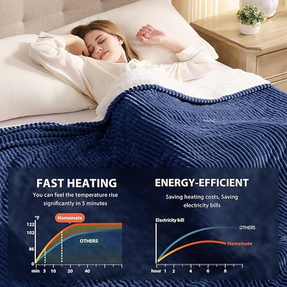 Homemate Heated Blanket Electric Throw - 50"x60" Heating Blanket Throw 1/2/4/6/8 Hours Auto-Off 10 Heat Levels Over-Heat Protection Soft Flannel Sherpa ETL Certification