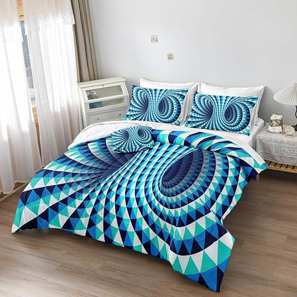 Bedorm Triangle Geometric Comforter Set 3D Abstract Bedding Set with Sheet Set Aqua Blue Triangle Tunnel Aesthetic Comforter Modern Psychedelic Bedding Comforter Set Queen